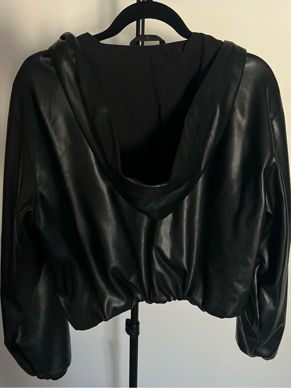 ALO Yoga Black Faux Leather Hooded Bomber Jacket